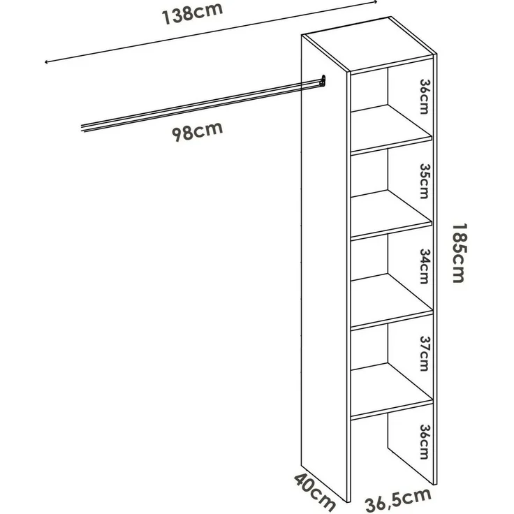 Dmora Großer Kleiderschrank Adler, Struktur für begehbaren Kleiderschrank, offener Kleiderbügel, 138 x 40 x 186 cm, Weiß – Bild 3