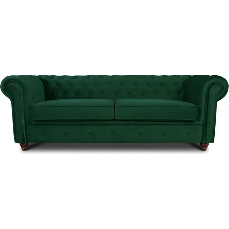 Sofa Chesterfield Asti 3-Sitzer, Couchgarnitur 3-er, Sofagarnitur, Couch mit Holzfüße, Polstersofa - Glamour Design, Velours (Dunkelgrün (Velvet 78))