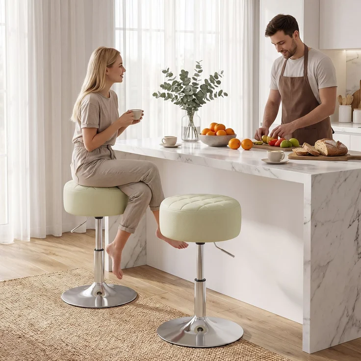 Barhocker aus PU-Leder mit einstellbarer Höhe, weicher, dicker Sitzfläche, um 360° drehbar, für Theken, Weiß – Bild 3