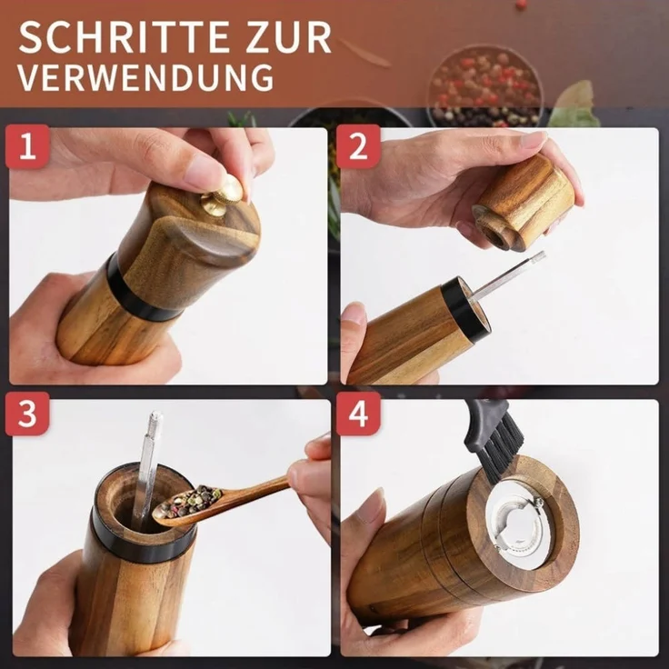 DELIPOP – Salz und Pfeffermühle Holz, 22cm Manuelle Gewürzmühle 2er Set mit verstellbarem Keramikmahlwerk und untersetzer - 5,5x5,5x22cm - Braun – Bild 7