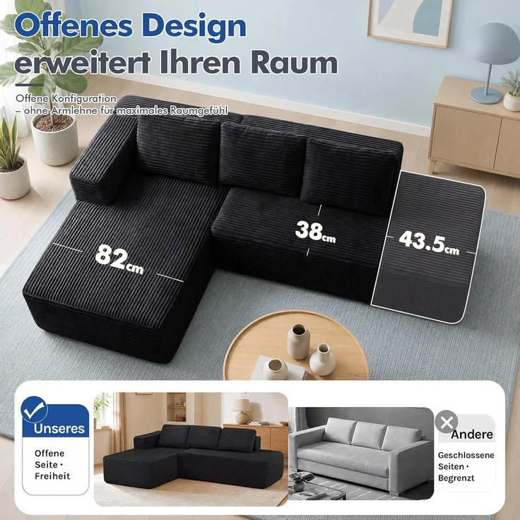 COMHOMA Ecksofa mit Schlaffunktion, 228cm Corduroy Modulares Boneless Couch mit Chaiselongue & Rücken-Metallgestell, L-Form Schlafsofa mit offenem Design, Kissen & Seitentaschen,für Wohnzimmer,Schwarz-R – Bild 9