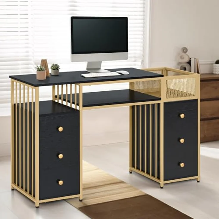 M MCombo Schreibtisch mit 6 Schubladen, Nageltisch aus Holz Metallgestell, Manikürtisch Schwarz-Gold, Schminktisch ohne Spiegel Modern, Computertisch mit Ablagen Wohnzimmer, 46x125x81cm, 2425 – Bild 3