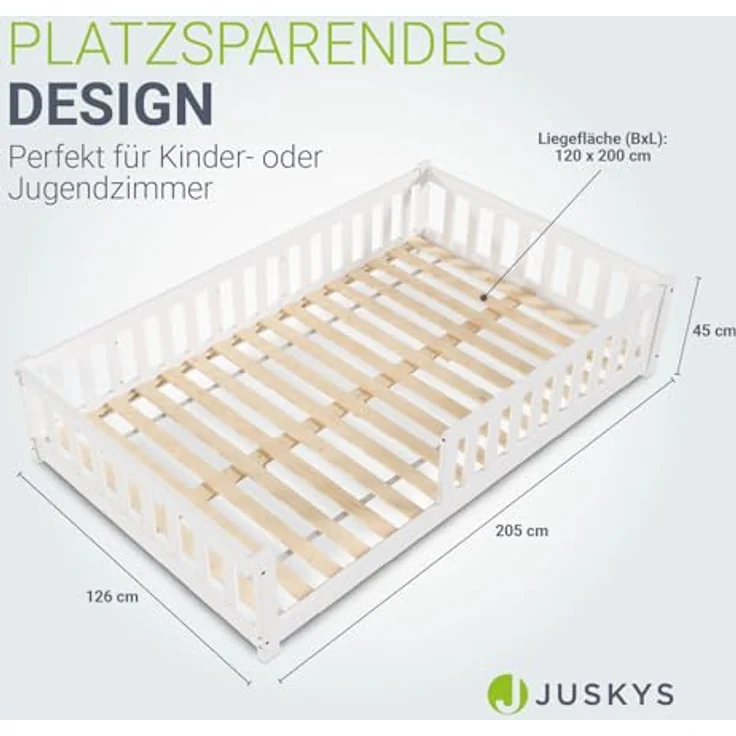 Juskys 'Naya' Kinderbett - mit Matratze, Rausfallschutz & Lattenrost - Bodenbett für Kinder 3 -10 Jahre - Holz Weiß, 120x200 cm – Bild 3