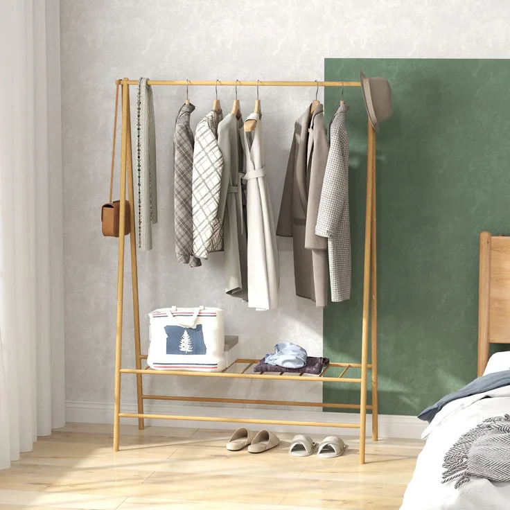 Garderobenständer 116 x 43,5 x 160 cm aus Bambus mit Kleiderstange, Haken und Schuhablage