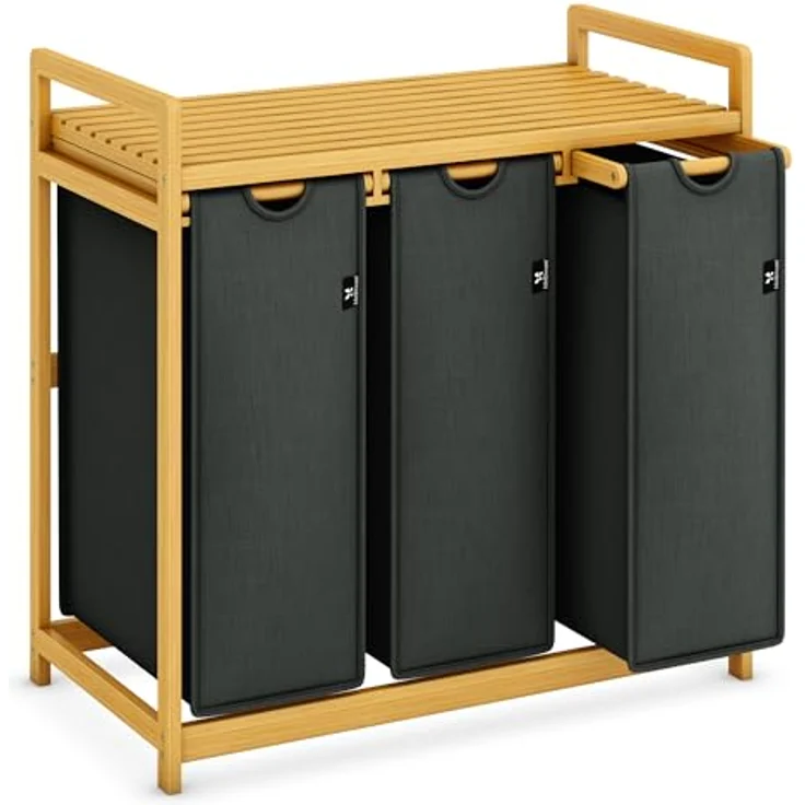 AdelDream Wäschekorb Wäschekörbe mit Bambusrahmen, 150 l, 3 Fächer – Bild 2