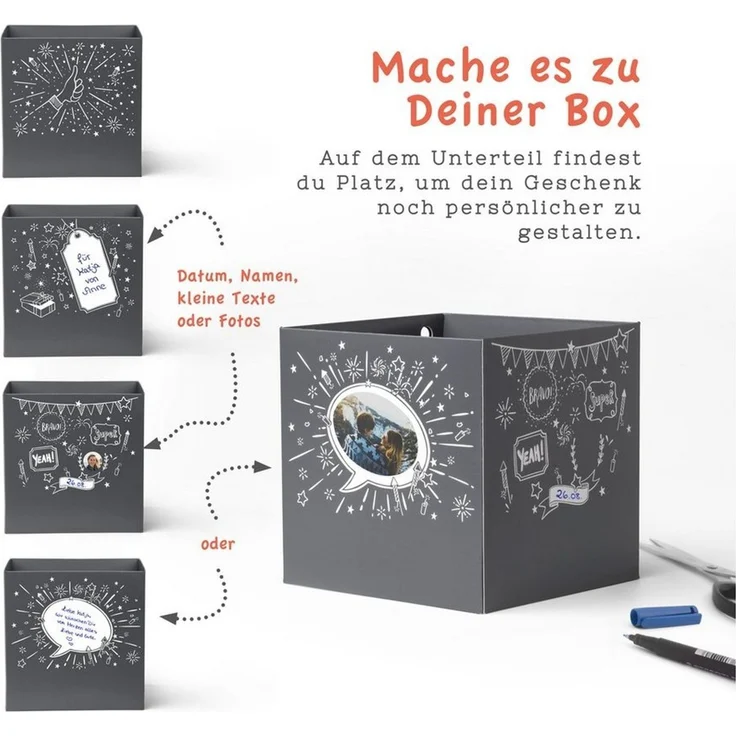 SURPRISA Geschenkbox Rätzel Geschenkbox, Geldgeschenk Verpackung & Gutschein Geschenk Box (inkl. 3-stelligem Zahlenschloss), Geschenkkarton Geschenkrätsel, 12,5 x 12,5 x 12,5 cm, grau – Bild 3