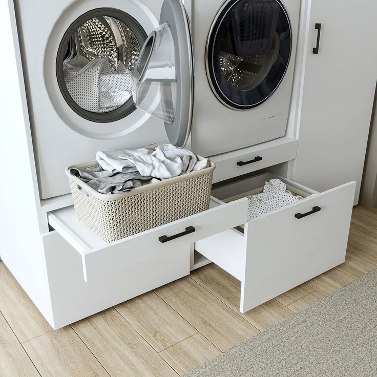 Roomart Waschmaschinenschrank Doppelschrank – SERIE 2 – 194 cm breit, Überbauschrank für Waschküche & Hauswirtschaftsraum – mit Ausziehbrett & Schubladen – • Weiß – Bild 8