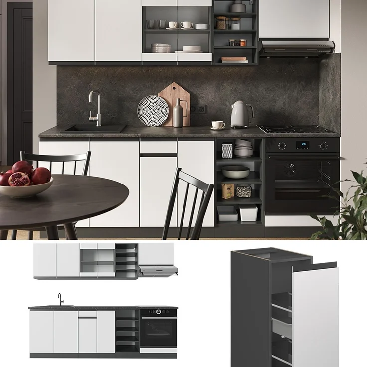 Küchenzeile R-Line Weiß/Anthrazit 240 cm J-Shape, AP Anthrazit Vicco – Bild 2