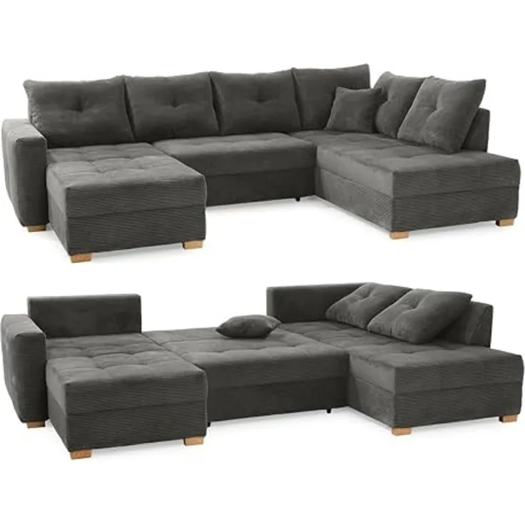 Wohnlandschaft U-Sofa groß Schlaffunktion Couch Bettkasten Cord Dunkelgrau
