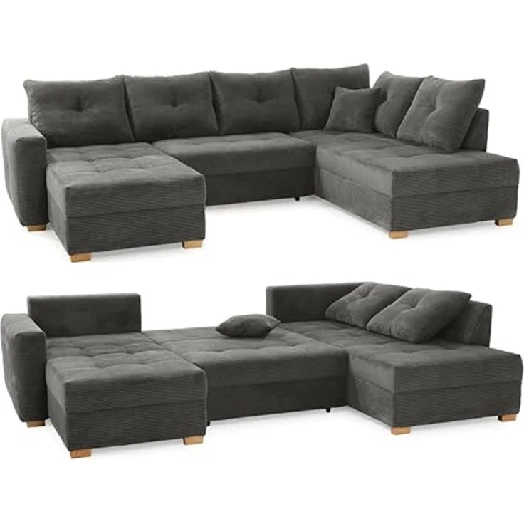 Wohnlandschaft U-Sofa groß Schlaffunktion Couch Bettkasten Cord Dunkelgrau – Bild 1