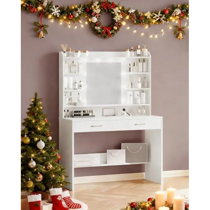 Schminktisch mit Spiegel, Schminktisch mit Ablageflächen und 2 Schubladen, für Schlafzimmer, Wohnzimmer, Verstellbare Helligkeit, Weiß – Bild 4