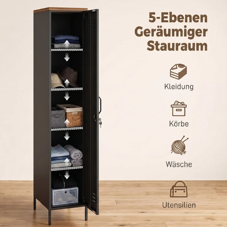 Metallschrank, Industrieller Kleiderschrank mit verstellbaren Böden für Schlafzimmer, Garage und Büro, Schwarz--Schwarz--46x35x183cm--YOUDENOVA – Bild 6