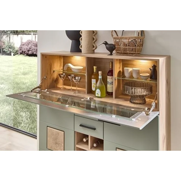 Barschrank >Kathlin< Barfach, Stauraum, LED, schilfgrün / Eiche Dekor - 120x129x37 (BxHxT) – Bild 2