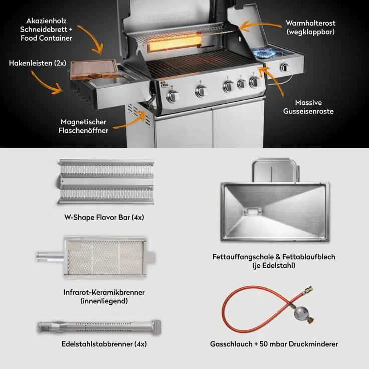 BURNHARD® Gasgrill 4-Brenner, 21,2 kW Gesamtleistung, Infrarot-Keramikbrenner, Seitenkochfeld, Edelstahl-Stabbrenner, Gussrost, große Grillfläche, Piezo-Zündung – Big FRED Deluxe - Silber - #947138 – Bild 5