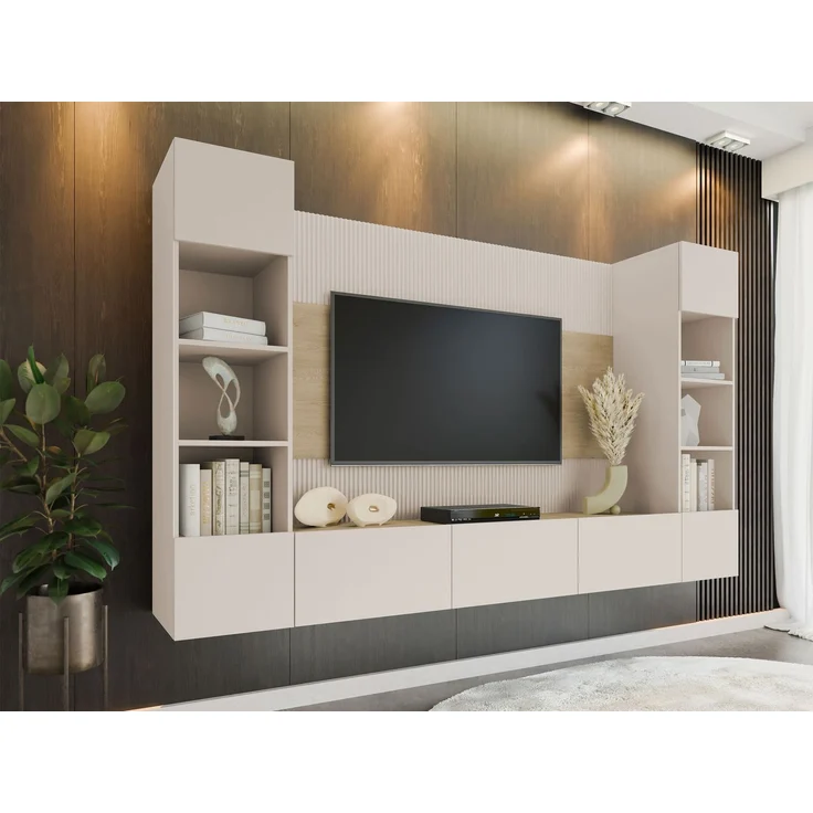 Wohnwand Deromi I, Griffloses Öffnungssystem (Farbe: Sandbeige + Eiche Cremona) – Bild 1