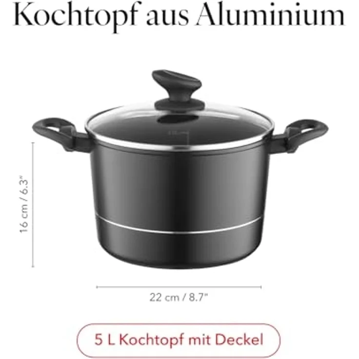 FLORINA Aluminium Topf (5 l) 22 cm I Kochtopf DELUX mit Glasdeckel I Messbecher & Antikratz-Beschichtung I Hoher Topf mit Induktionsboden I Induktionsherd, Gasherd, Elektroherd (Schwarz) – Bild 2