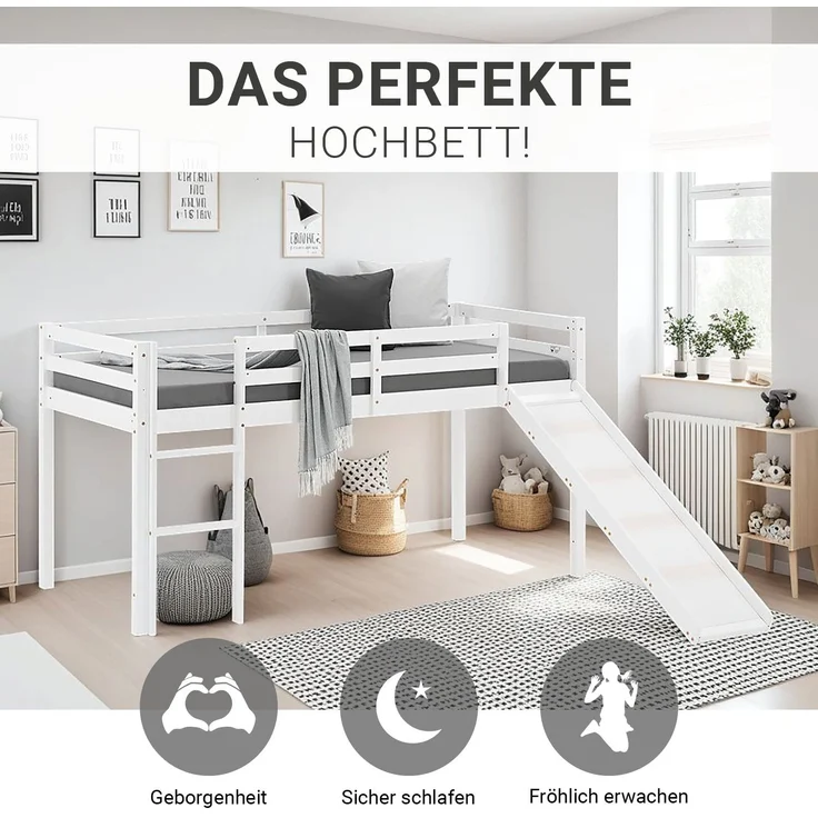 Halbhochbett Spielbett Kinderbett Leiter Rutsche Kiefer 90x200 cm massiv Jugendbett – Bild 4