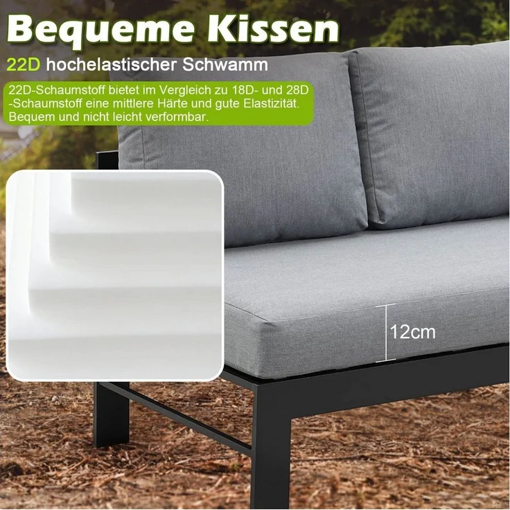 MeXo Gartenlounge-Set Garten-Essgruppe, (Gartenmöbel Set Lounge, 5-tlg, 3 x Ecksofas, 1 x Gartenbank, 1 x Esstisch 130 x 80 x 67,5 cm), Aluminium-Ecklounge für 8 Personen – Bild 2