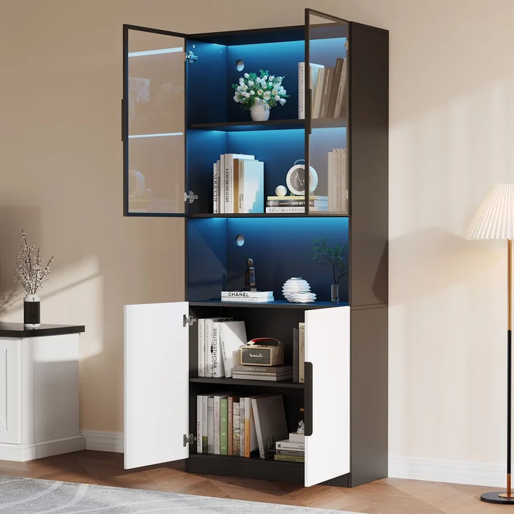 Moderne minimalistische Vitrine mit Glastüren, Vitrine mit LED-Leuchten, Bücherregal für Sammlerstücke, einstellbare Farbtemperatur und Helligkeit, weiße Türen mit schwarzer Dekoration, 80*30*200cm--Weiß--94.49x50.8x19.51cm--YOUDENOVA – Bild 3