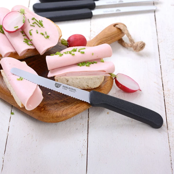 GRÄWE Tafelmesser 6 Stück, Messerset zum Schneiden, 6er Pack Brötchenmesser, Frühstücksmesser mit einseitigem Wellenschliff, Brotzeitmesser, scharfe Messer für Brotzeit, 21 cm - Schwarz – Bild 3