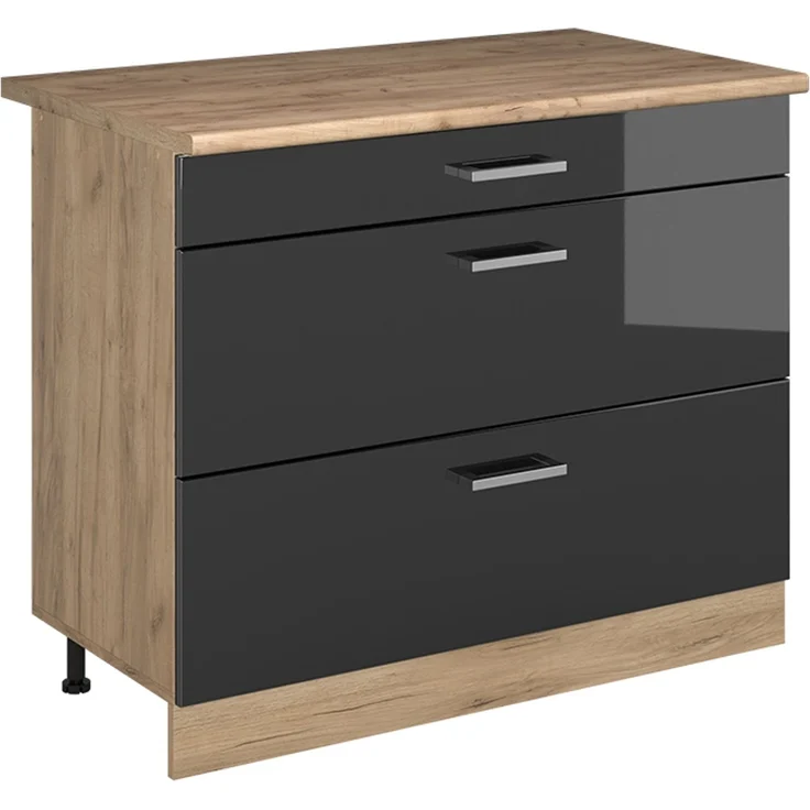 Küchenunterschrank R-Line Anthrazit Hochglanz/Goldkraft Eiche 100 cm Arbeitsplatte Goldkraft Eiche Vicco – Bild 1