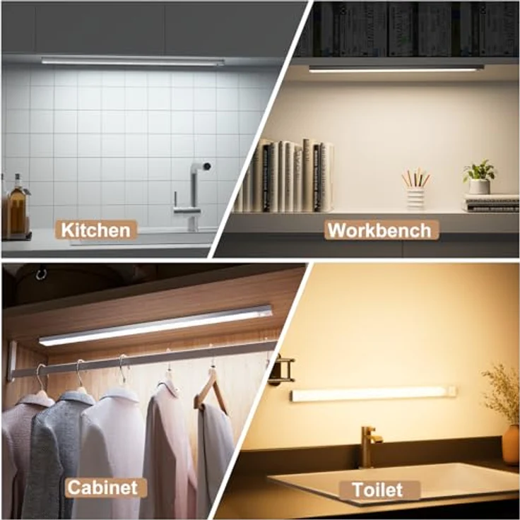 Unterbauleuchte Küche LED Schrankbeleuchtung mit Bewegungsmelder Innen 3Farbmodi Dimmbar 3000K/4000K/6500K,60cm 2Stück,LED Leiste Lampe Ohne Bohren USB Kabellos für Kleiderschrank/Treppe/Vitrinen/RV – Bild 7