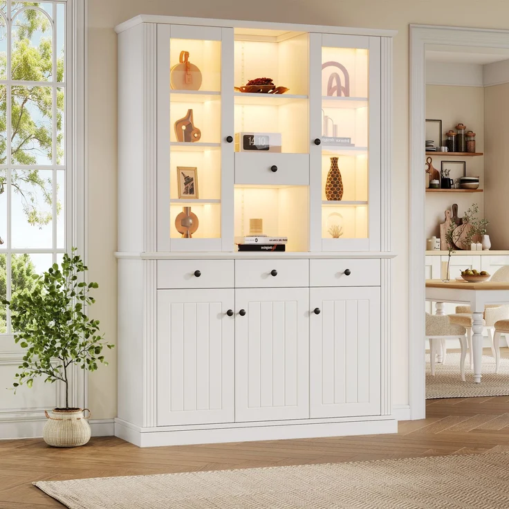 Vitrine 119,5x40x180 cm in Weiß mit LED, 5 Türen und 4 Schubladen – Bild 2