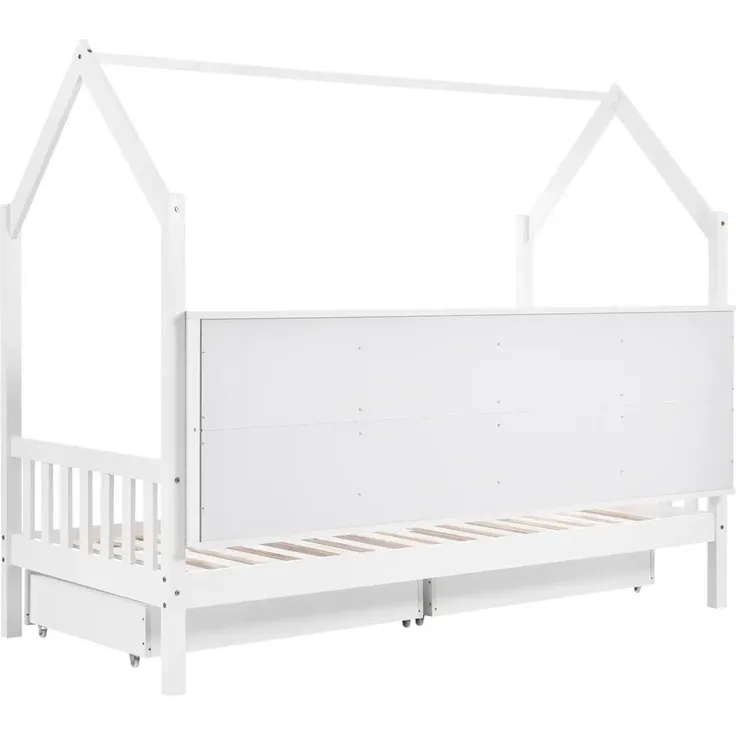 Kinderbett Hausbett mit Rausfallschutz, 2 Schubladen und Lattenrost, 90x200 cm, Einzelbett, Kiefer – Bild 9