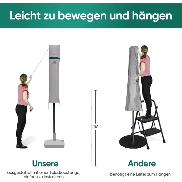 Sekey Sonnenschirm Schutzhülle mit Stab, Abdeckhauben für Ø 200 cm / 200×150 cm / 200×125 cm Gartenschirm,Abdeckung für Balkonschirm, 100% Polyester, wasserdicht, Hellgrau – Bild 4
