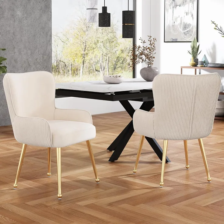Ball & Cast Samt Esszimmerstühle (2er Set), Gepolsterte Wohnzimmerstühle mit Vertikalen Streifen, Luxuriöser Esszimmerstuhl mit Bequemer Rückenlehne, Beige