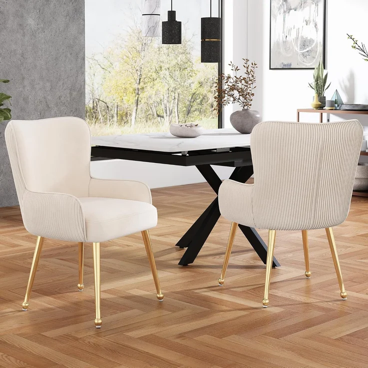 Ball & Cast Samt Esszimmerstühle (2er Set), Gepolsterte Wohnzimmerstühle mit Vertikalen Streifen, Luxuriöser Esszimmerstuhl mit Bequemer Rückenlehne, Beige