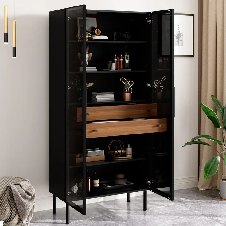 DESVIAE Regal Vitrine Schwarz aus MDF/Spanplatte – 70x170x36 cm – 2 Schubladen, LED-Beleuchtung – Bild 5