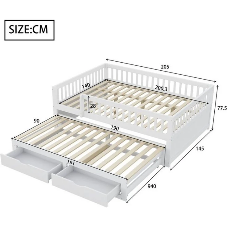 Merax Daybett mit Ausziehbett 90x190cm (Jugendbett Doppelbett Kinderbett Sofabett, Kiefernholz, 1 tlg), Schlafsofa Tagesbett 140x200cm mit 2 Schubladen & Sicherheitsgitter – Bild 4