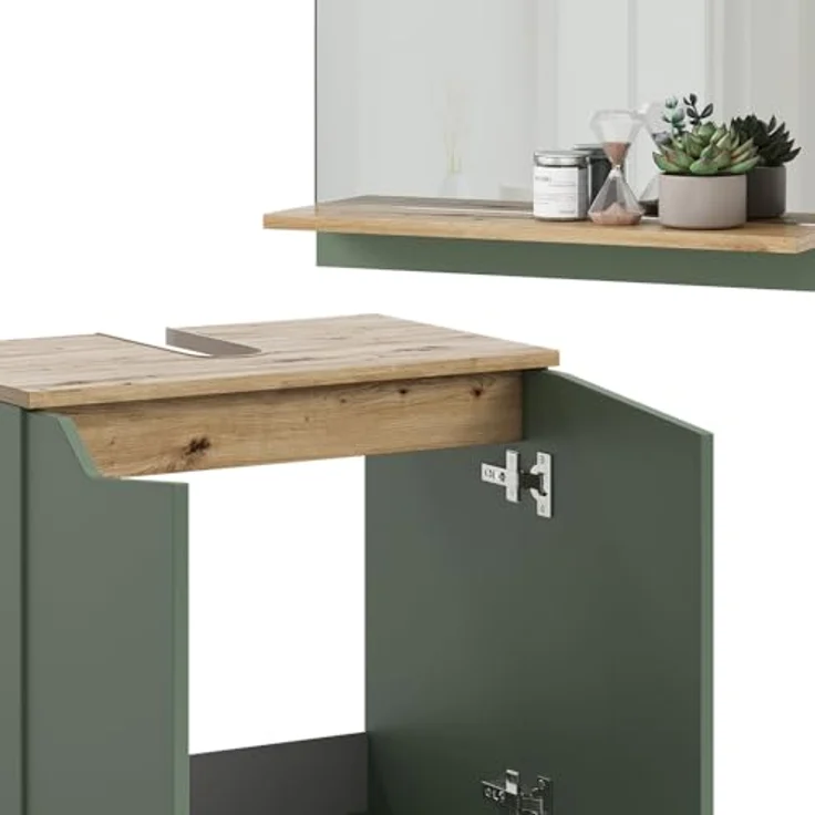 Vichy Badmöbelset Marelle, 3-teilig mit Hochschrank, Grün/Artisan, inklusive Badezimmer-Spiegel und Waschtischunterschrank – Bild 5