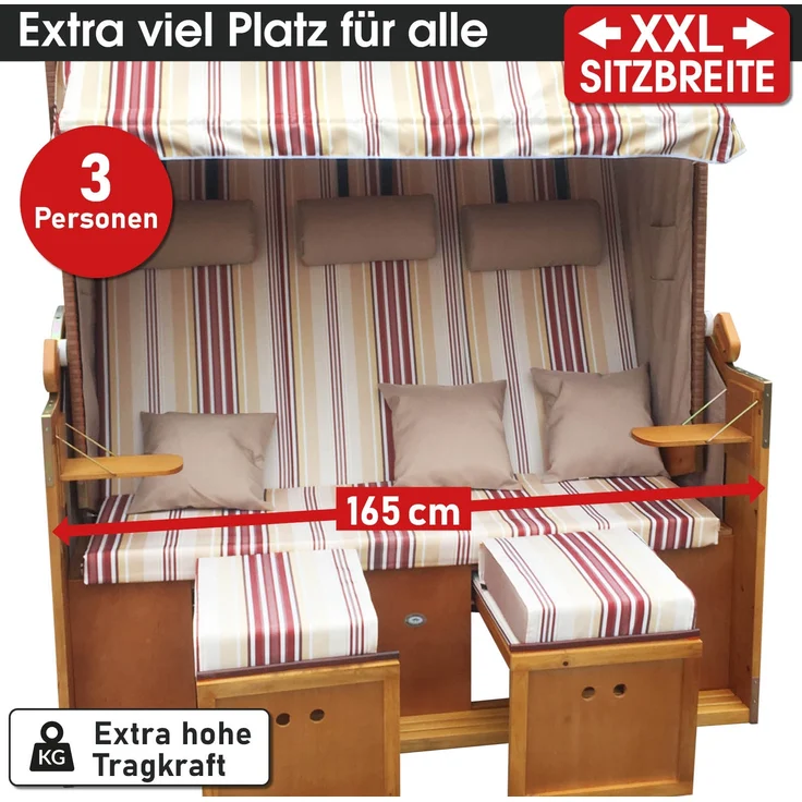 BRAST Strandkorb, Ostsee 3-Sitzer, XXL Volllieger inkl. Schutzhülle, Poly-Rattan, Rot/Beige gestreift, 165 x 160 x 79 cm – Bild 3