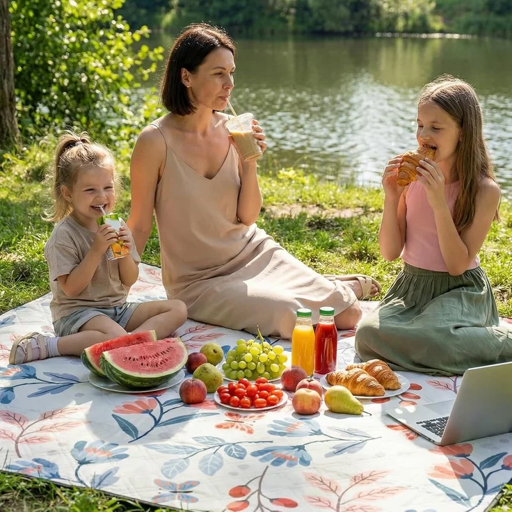 Sekey Picknickdecke Wasserdicht 200x200 cm Stranddecke Sandfrei geeignet für Picknick, Camping, Strand, Beige - Blumen & Falter – Bild 2