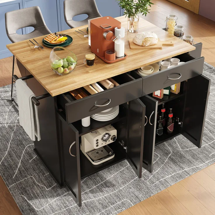 Kücheninsel aus MDF mit klappbarer Platte & Stauraum, 106x50x90,5 cm, Schwarz