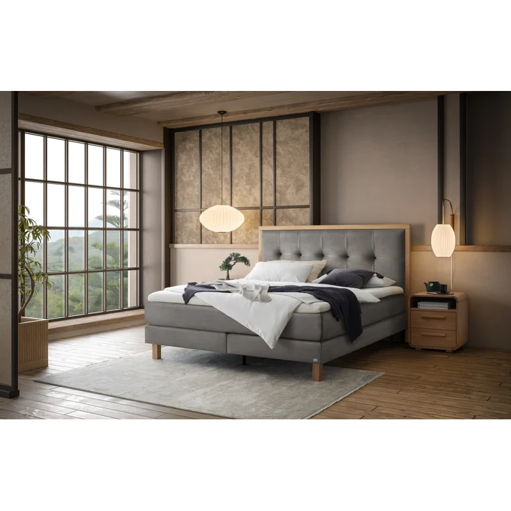 Solara Boxspringbett grau Eiche MassivholzPolyester 206cm x 188cm x 125cm – Bild 2