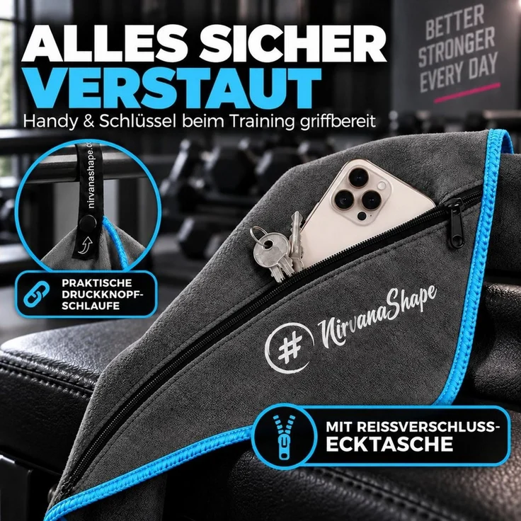 NirvanaShape Sporthandtuch NirvanaShape Mikrofaser Fitnesshandtuch mit Ecktasche und Knöpfen, saugfähig, leicht, schnelltrocknend, für Reisen, Fitness, Yoga, Sauna – Bild 3