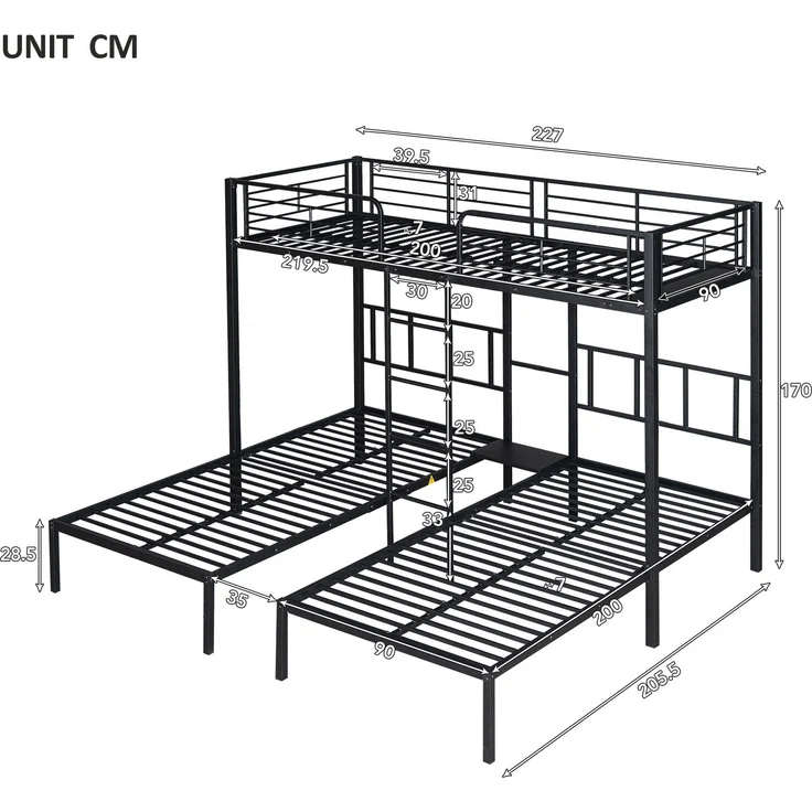 Bett 90x200 cm Dreifach-Etagenbett aus Metall mit Leiter und Fallschutz, ohne Matratze – Bild 10
