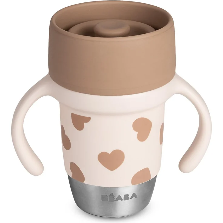 Béaba, Edelstahl-Lernbecher Click & Drink – 360°-Becher ohne Ventil, auslaufsicher, kippsicher, mitwachsend, 1-Klick-Öffnung, Baby- und Kinderbecher, 240 ml, Big Love
