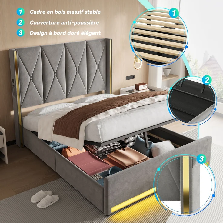 TavilaEcon Boxspringbett Veloursbett mit hohem Kopfteil, Seitentaschen & USB grau Liegefläche 160 × 200 cm – Bild 2