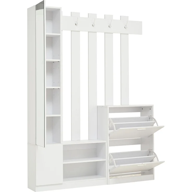 135*25*180cm Garderoben-Set mit Spiegel, Flurschrank, Hängeschrankregal, Kompaktgarderobe, Mit 2 unteren Klapptüren-Schuhschränken + 2 Aufbewahrungsschränke, Geeignet für Türöffnungen, Flure,Weiß – Bild 10