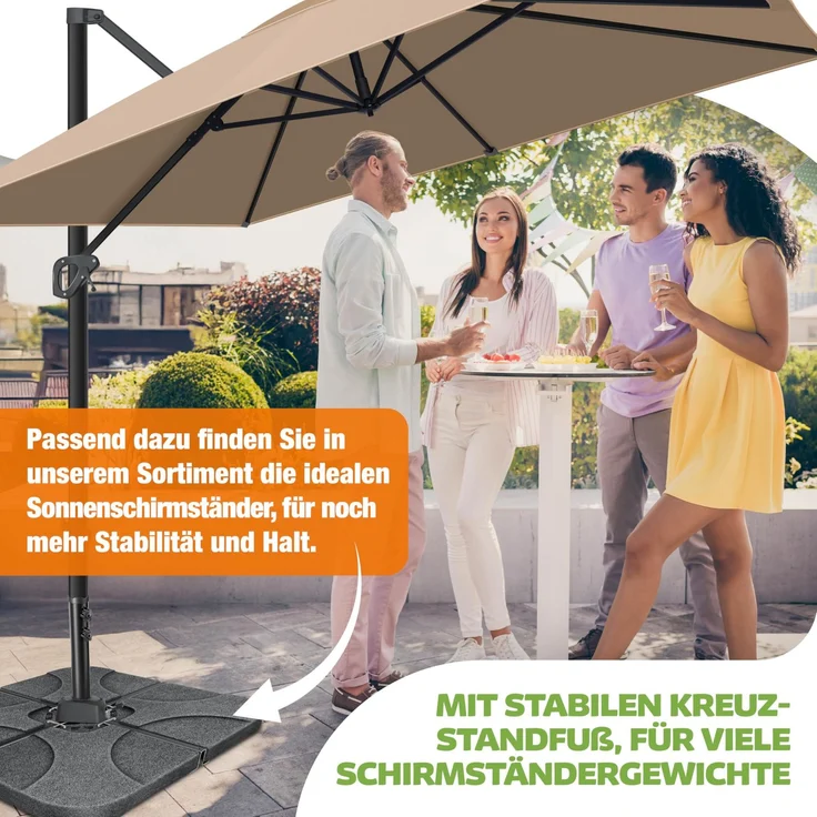 KESSER® Sonnenschirm Ampelschirm SUN XL 300 x 300 cm Inkl. Abdeckung +Windsicherung Drehbar Neigbar Kippbar Marktschirm Groß 360° Rotation, Gartenschirm mit Kurbel Sonnenschutz UV50+ Taupe, Ohne LED – Bild 6