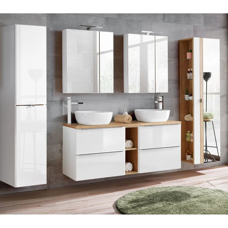 Waschtischunterschrank 141cm mit 4 Auszügen TOSKANA-56 in Hochglanz weiß B/H/T ca. 141/59,5/46 cm – Bild 8