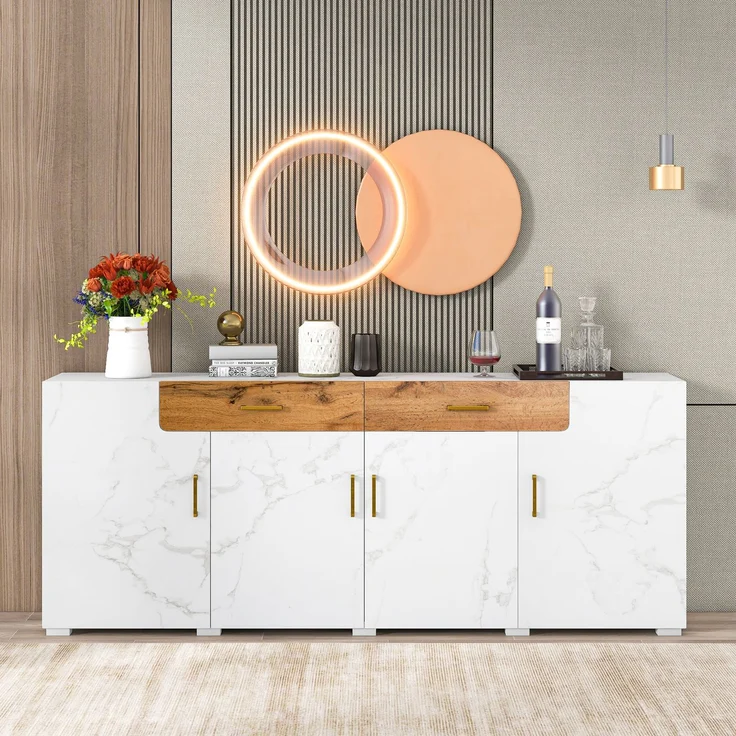 Sideboard weiß marmoriert mit Eiche-Front, modernes TV-Sideboard, Wohnzimmer-Kommode mit 2 Schubladen und 4 Türen – Bild 3