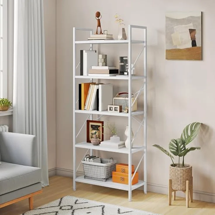 YITAHOME Bücherregal, Standregal mit 5 Ebenen, Hohes Lagerregal mit Metallrahmen, Industrielles Ausstellungsregal, Regaleinheiten, für Wohnzimmer, Schlafzimmer, Homeoffice, Küche, Reines Weiß Regal – Bild 2