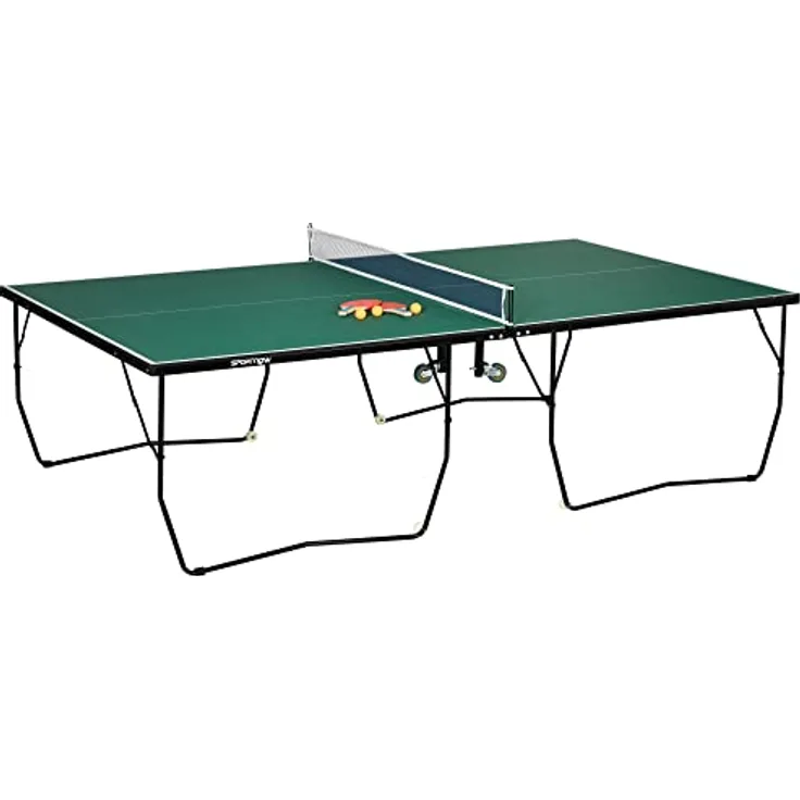 SPORTNOW Klappbarer Tischtennistisch, Indoor Tischtennisplatte mit Rollen, Set mit 2 Schlägern und 3 Bällen, Stahl, Grün, 274 x 152,5 x 76 cm