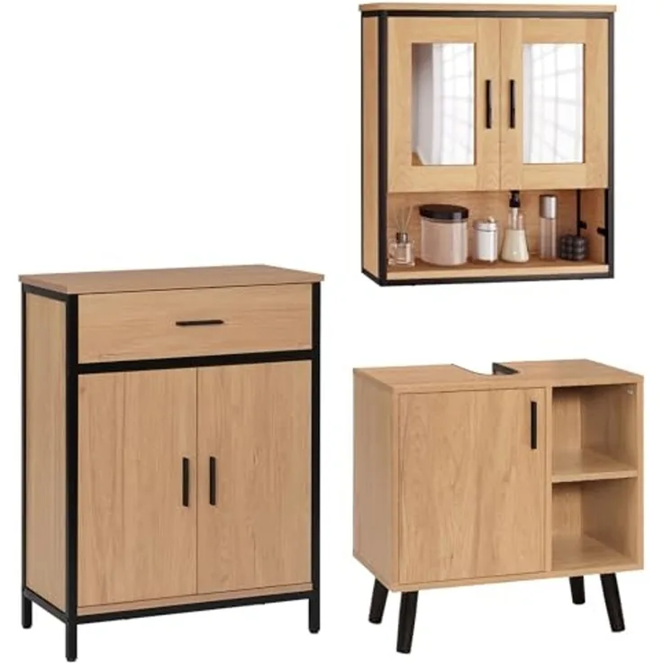 EUGAD Badmöbel-Set, (3-St), Unterschrank mit Tür, Badschrank mit 2 Spiegeln, kommode mit Regal