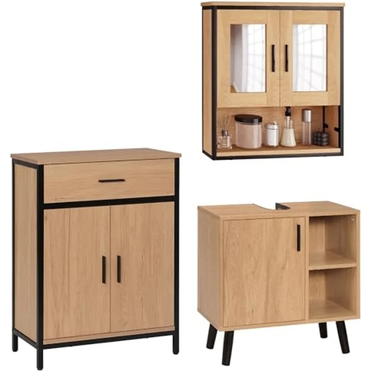 EUGAD Badmöbel-Set, (3-St), Unterschrank mit Tür, Badschrank mit 2 Spiegeln, kommode mit Regal – Bild 1
